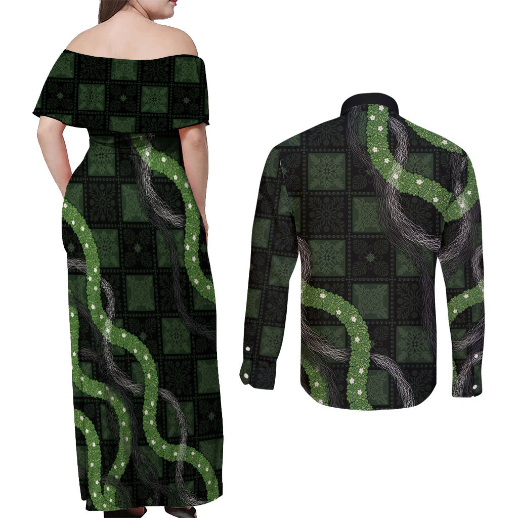 Hawaiian Quilt Couples Matching Off Shoulder Maxi Dress and Long Sleeve Button Shirt Pele Hair Hinahina Lei Black Version