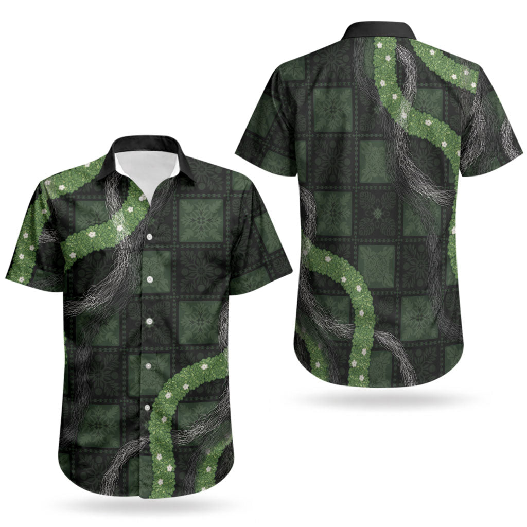 Hawaiian Quilt Couples Matching Off Shoulder Short Dress and Hawaiian Shirt Pele Hair Hinahina Lei Black Version LT05 - Polynesian Pride