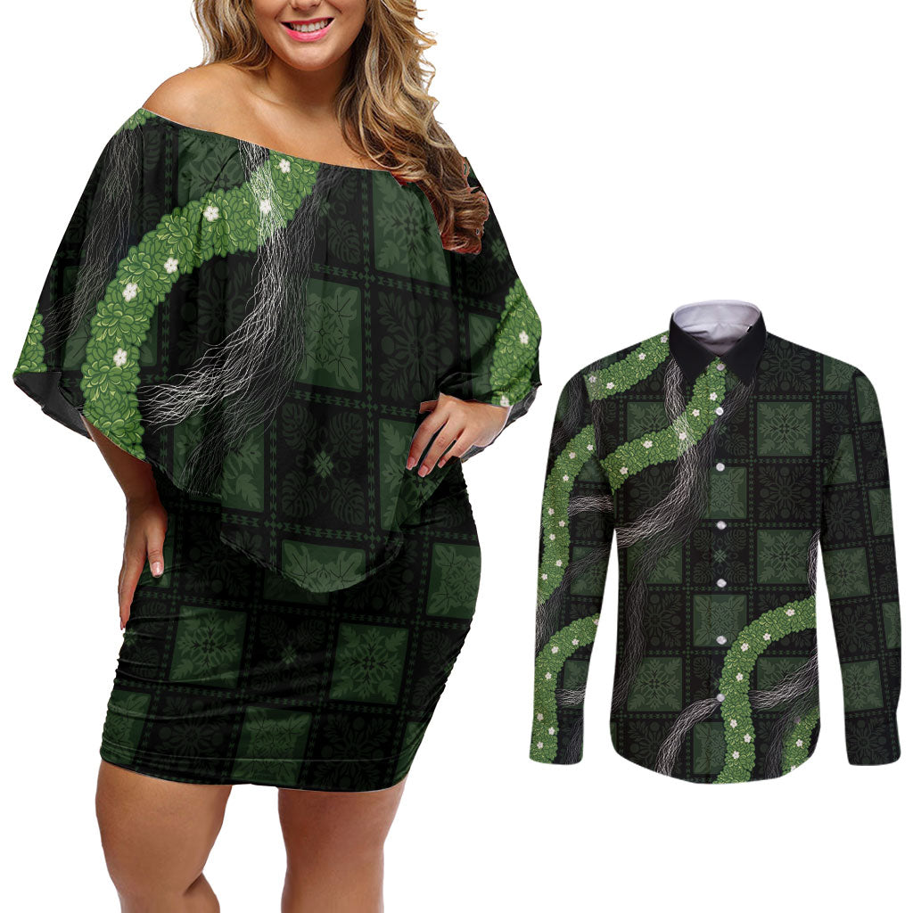 Hawaiian Quilt Couples Matching Off Shoulder Short Dress and Long Sleeve Button Shirt Pele Hair Hinahina Lei Black Version