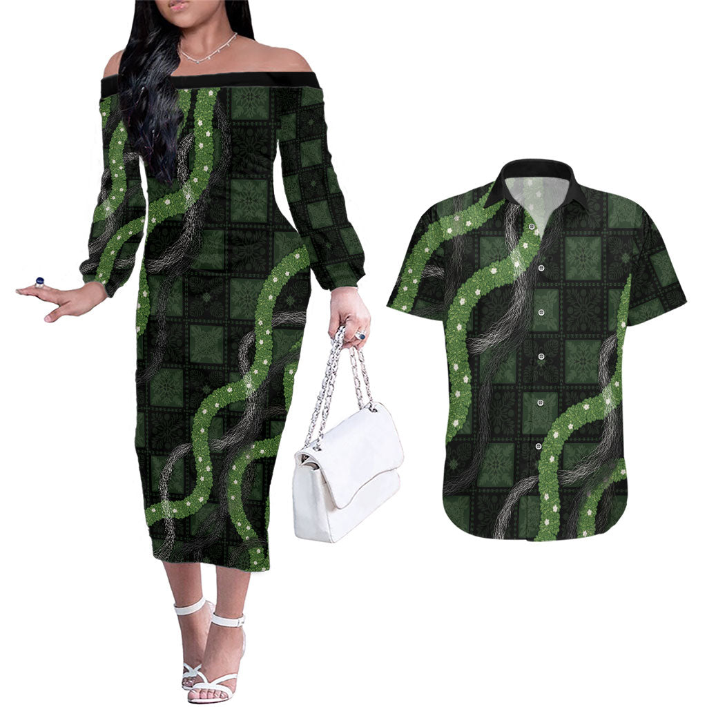 Hawaiian Quilt Couples Matching Off The Shoulder Long Sleeve Dress and Hawaiian Shirt Pele Hair Hinahina Lei Black Version LT05 Black - Polynesian Pride