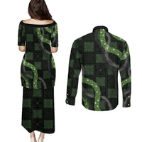 Hawaiian Quilt Couples Matching Puletasi and Long Sleeve Button Shirt Pele Hair Hinahina Lei Black Version
