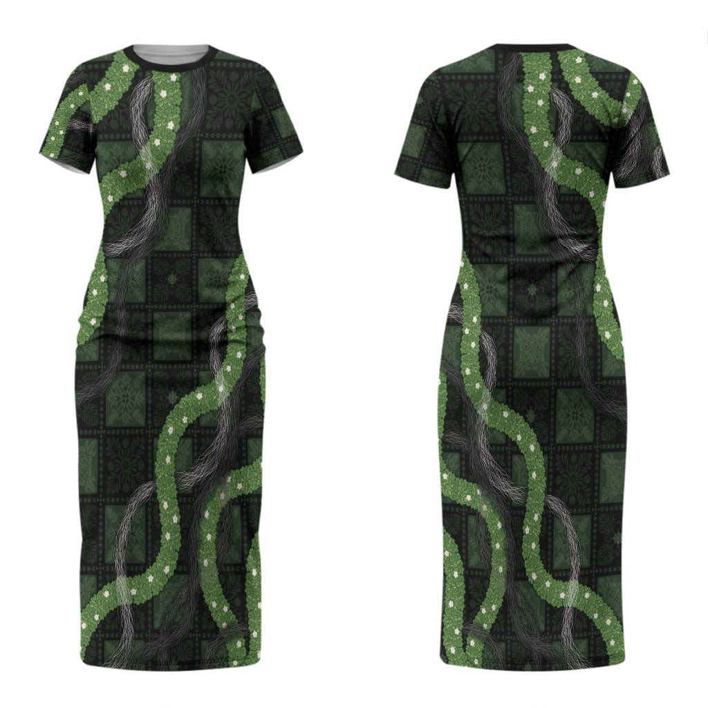 Hawaiian Quilt Couples Matching Short Sleeve Bodycon Dress and Long Sleeve Button Shirt Pele Hair Hinahina Lei Black Version LT05 - Polynesian Pride