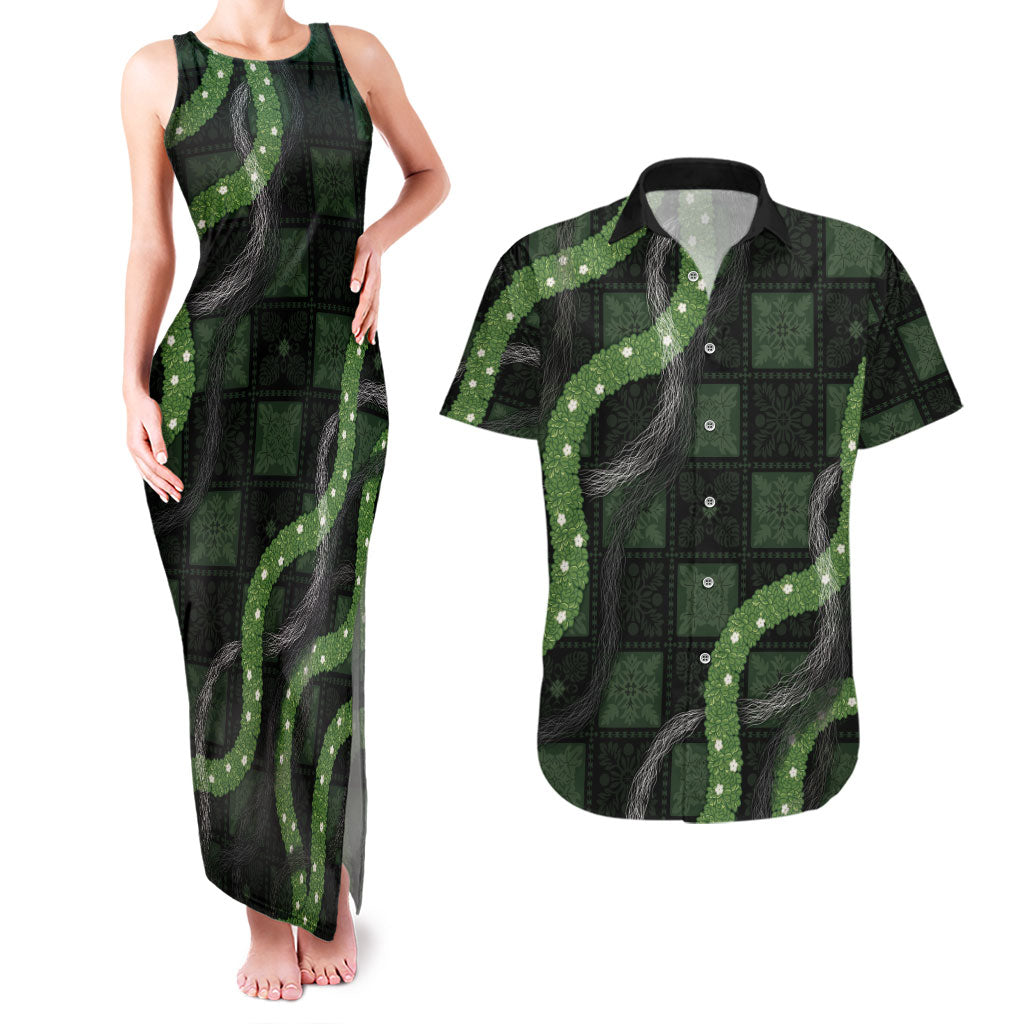 Hawaiian Quilt Couples Matching Tank Maxi Dress and Hawaiian Shirt Pele Hair Hinahina Lei Black Version
