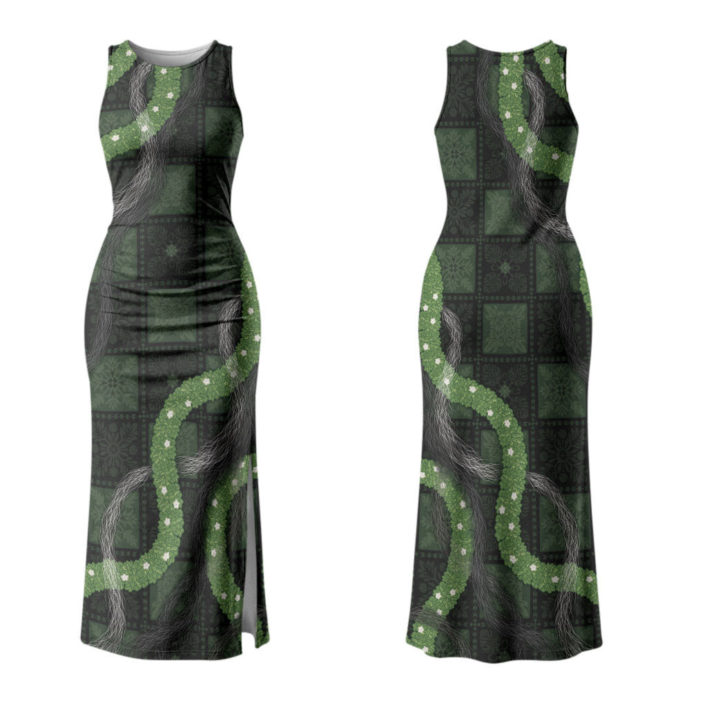 Hawaiian Quilt Couples Matching Tank Maxi Dress and Hawaiian Shirt Pele Hair Hinahina Lei Black Version LT05 - Polynesian Pride