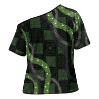 Hawaiian Quilt Cross Shoulder Shirt Pele Hair Hinahina Lei Black Version