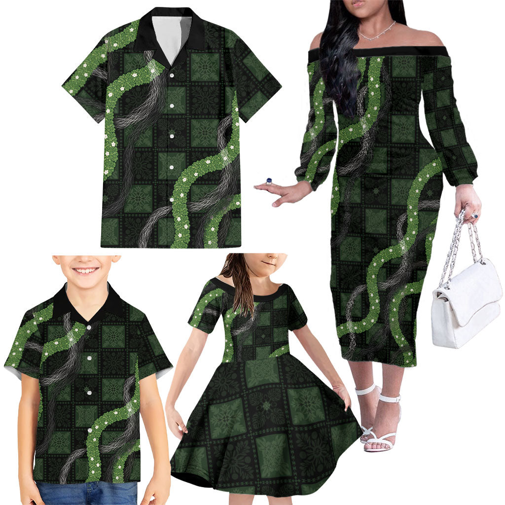 Hawaiian Quilt Family Matching Off The Shoulder Long Sleeve Dress and Hawaiian Shirt Pele Hair Hinahina Lei Black Version
