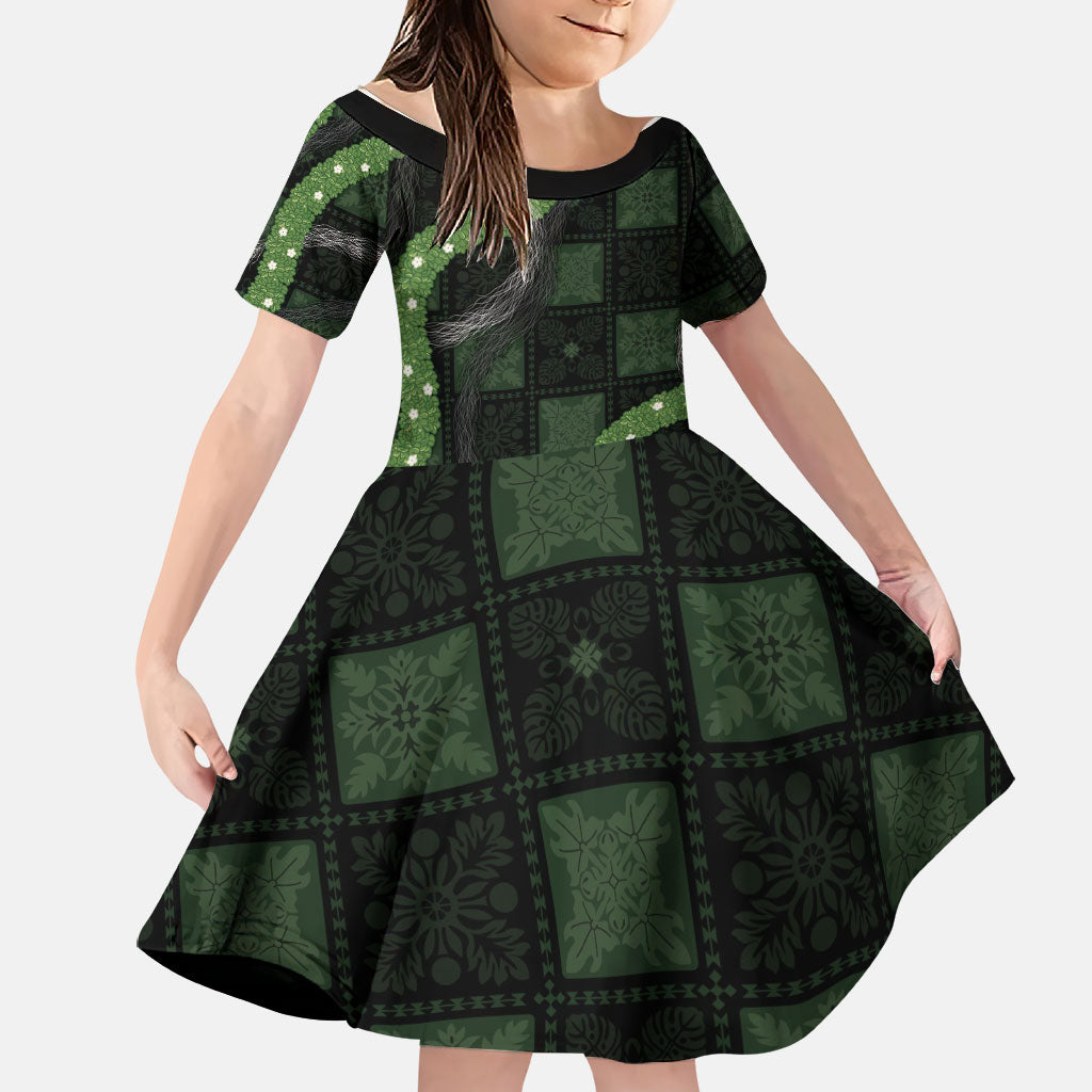 Hawaiian Quilt Family Matching Off Shoulder Maxi Dress and Hawaiian Shirt Pele Hair Hinahina Lei Black Version LT05 Daughter's Dress Black - Polynesian Pride