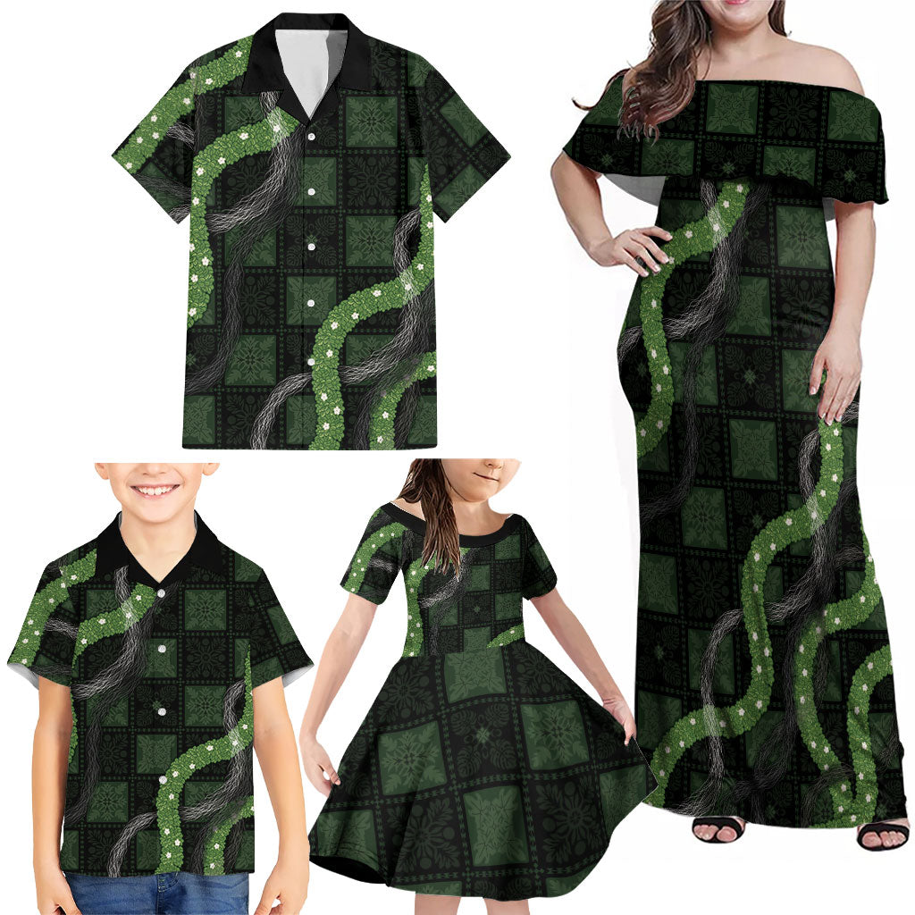 Hawaiian Quilt Family Matching Off Shoulder Maxi Dress and Hawaiian Shirt Pele Hair Hinahina Lei Black Version LT05 - Polynesian Pride