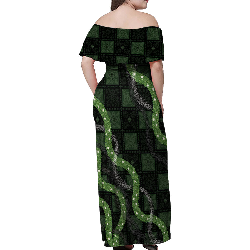 Hawaiian Quilt Family Matching Off Shoulder Maxi Dress and Hawaiian Shirt Pele Hair Hinahina Lei Black Version LT05 - Polynesian Pride