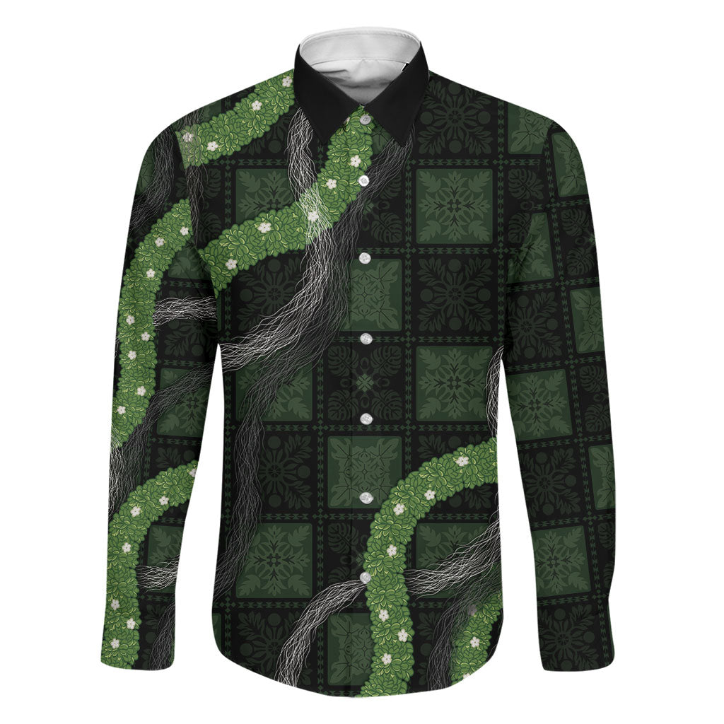 Hawaiian Quilt Family Matching Off Shoulder Short Dress and Hawaiian Shirt Pele Hair Hinahina Lei Black Version LT05 Dad's Shirt - Long Sleeve Black - Polynesian Pride