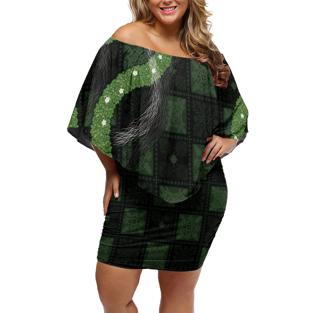 Hawaiian Quilt Family Matching Off Shoulder Short Dress and Hawaiian Shirt Pele Hair Hinahina Lei Black Version LT05 Mom's Dress Black - Polynesian Pride