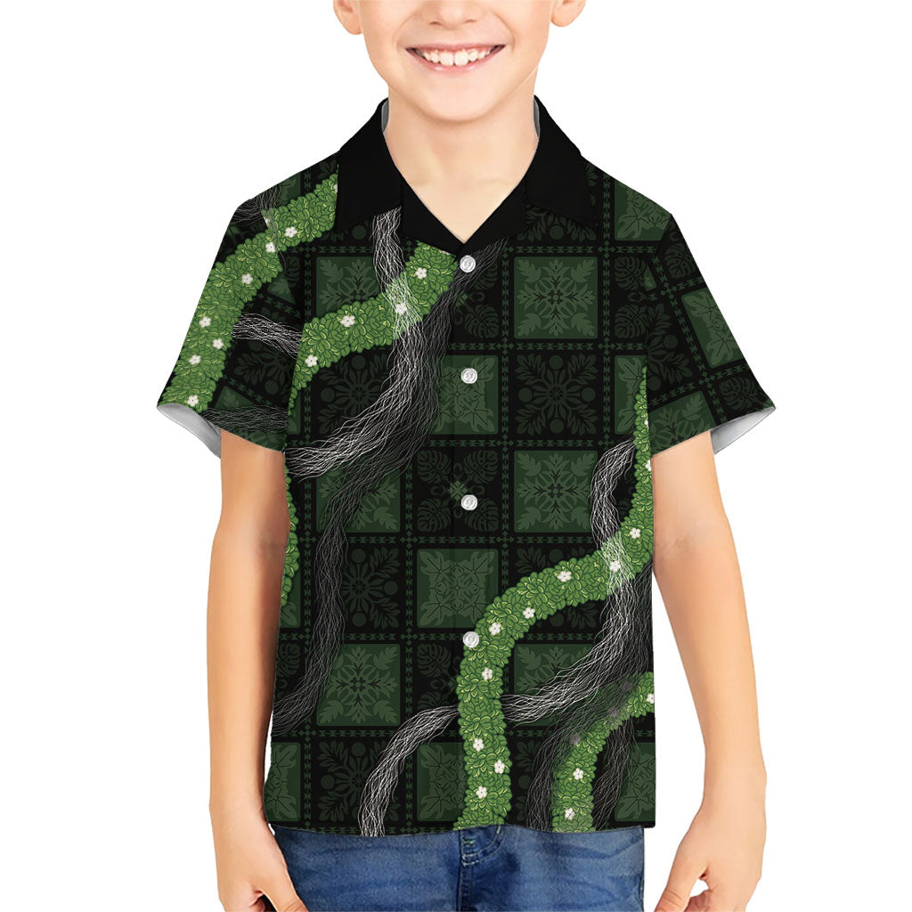 Hawaiian Quilt Family Matching Off Shoulder Short Dress and Hawaiian Shirt Pele Hair Hinahina Lei Black Version LT05 Son's Shirt Black - Polynesian Pride