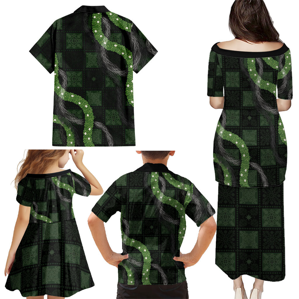 Hawaiian Quilt Family Matching Puletasi and Hawaiian Shirt Pele Hair Hinahina Lei Black Version LT05 - Polynesian Pride