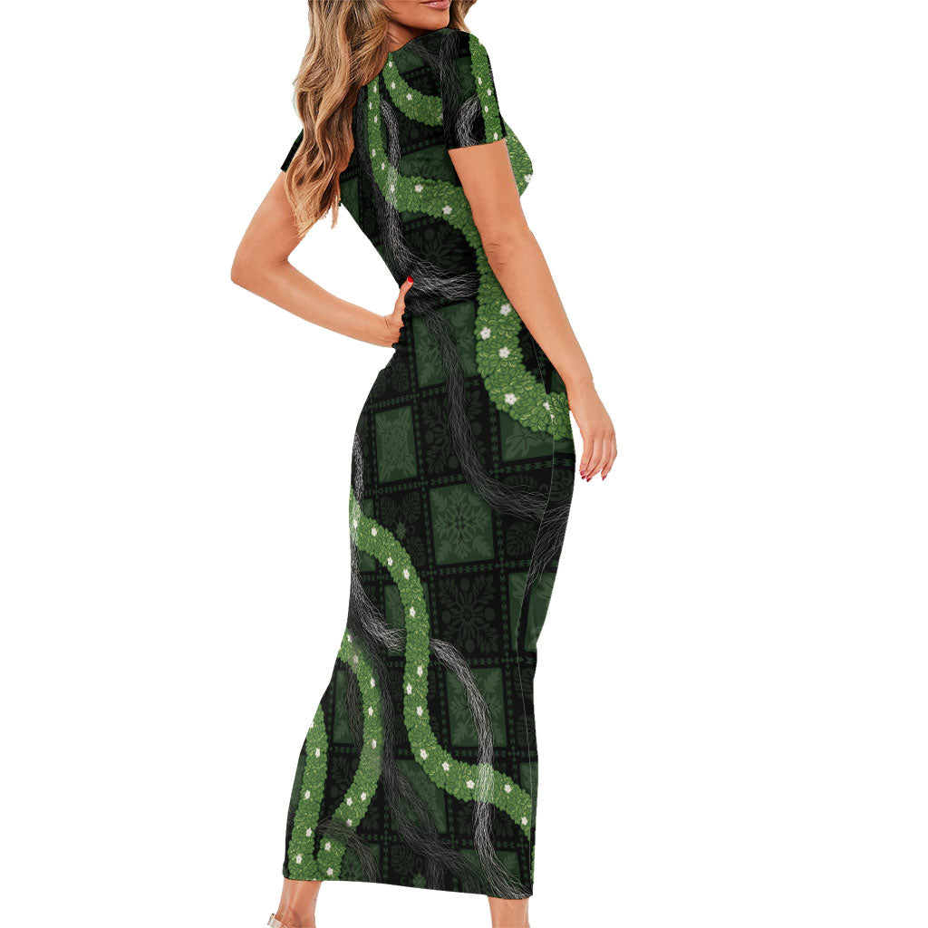 Hawaiian Quilt Family Matching Short Sleeve Bodycon Dress and Hawaiian Shirt Pele Hair Hinahina Lei Black Version LT05 - Polynesian Pride