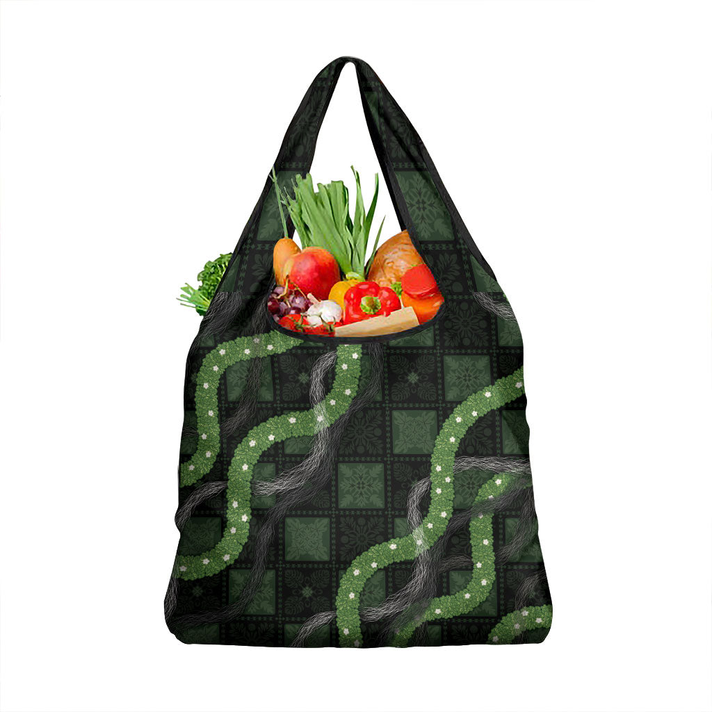 Hawaiian Quilt Grocery Bag Pele Hair Hinahina Lei Black Version