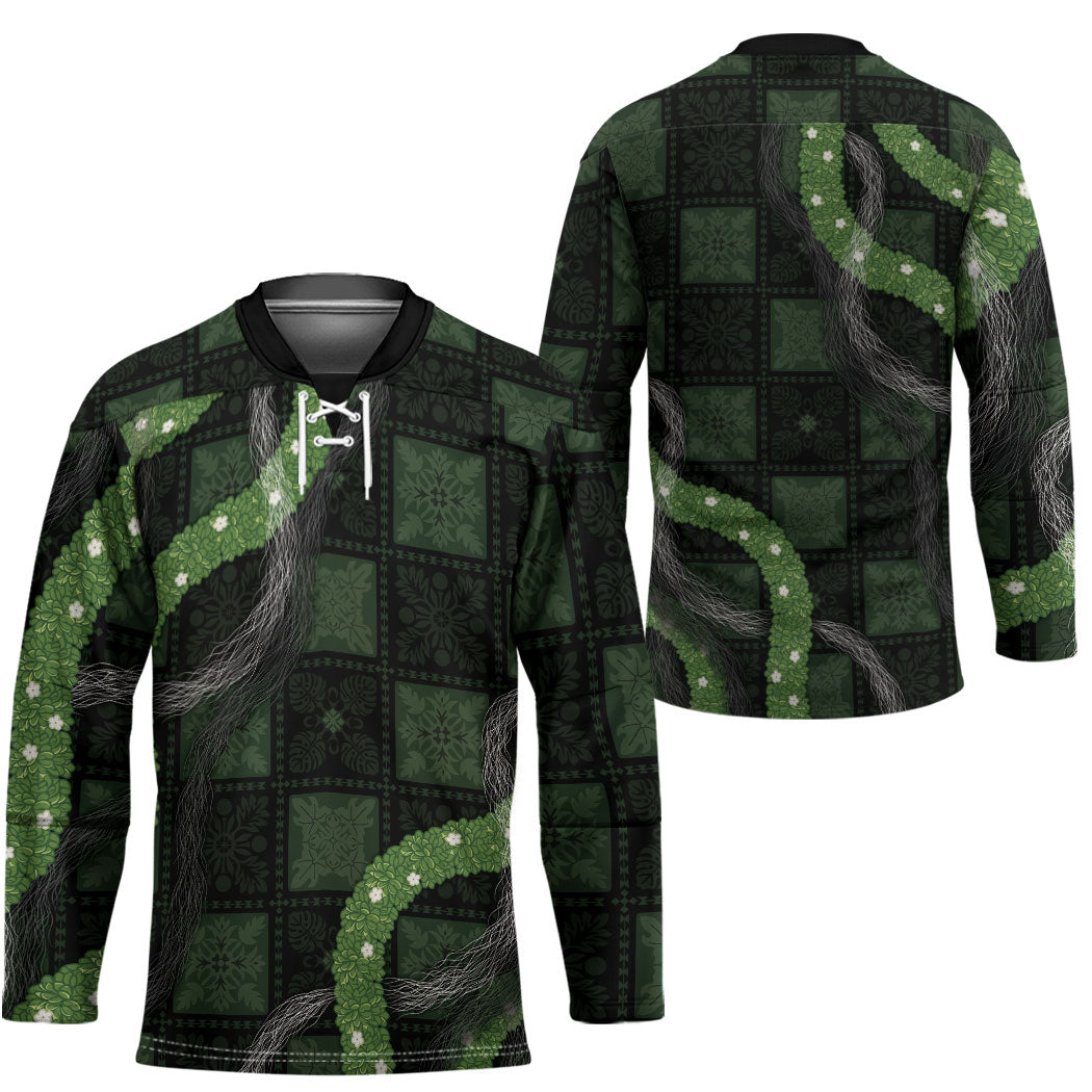 Hawaiian Quilt Hockey Jersey Pele Hair Hinahina Lei Black Version