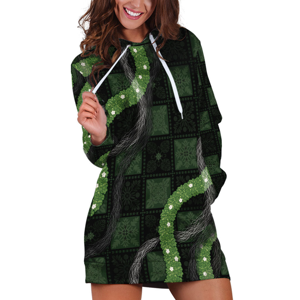 Hawaiian Quilt Hoodie Dress Pele Hair Hinahina Lei Black Version