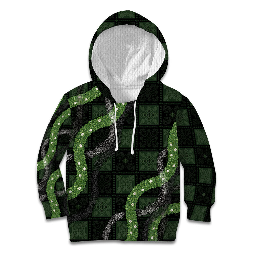 Hawaiian Quilt Kid Hoodie Pele Hair Hinahina Lei Black Version