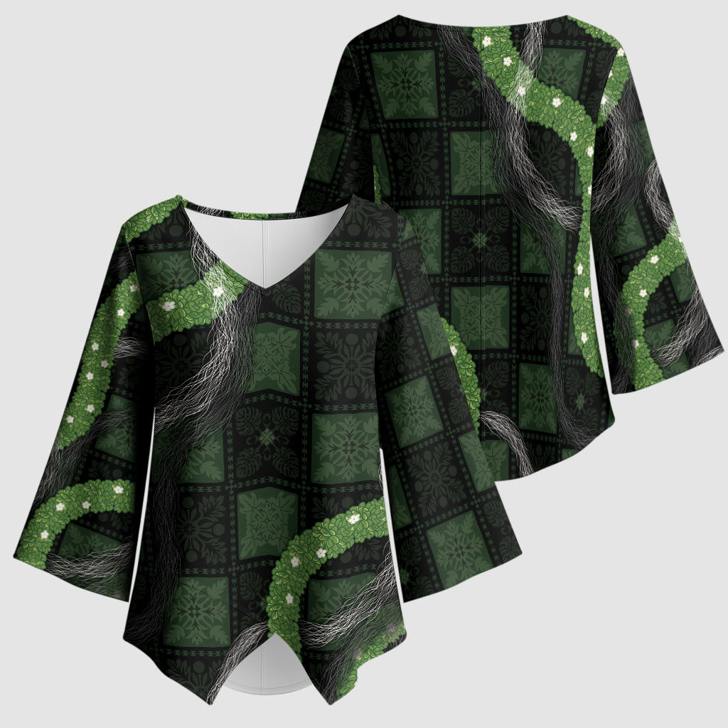 Hawaiian Quilt Kimono Sleeve Blouse Pele Hair Hinahina Lei Black Version