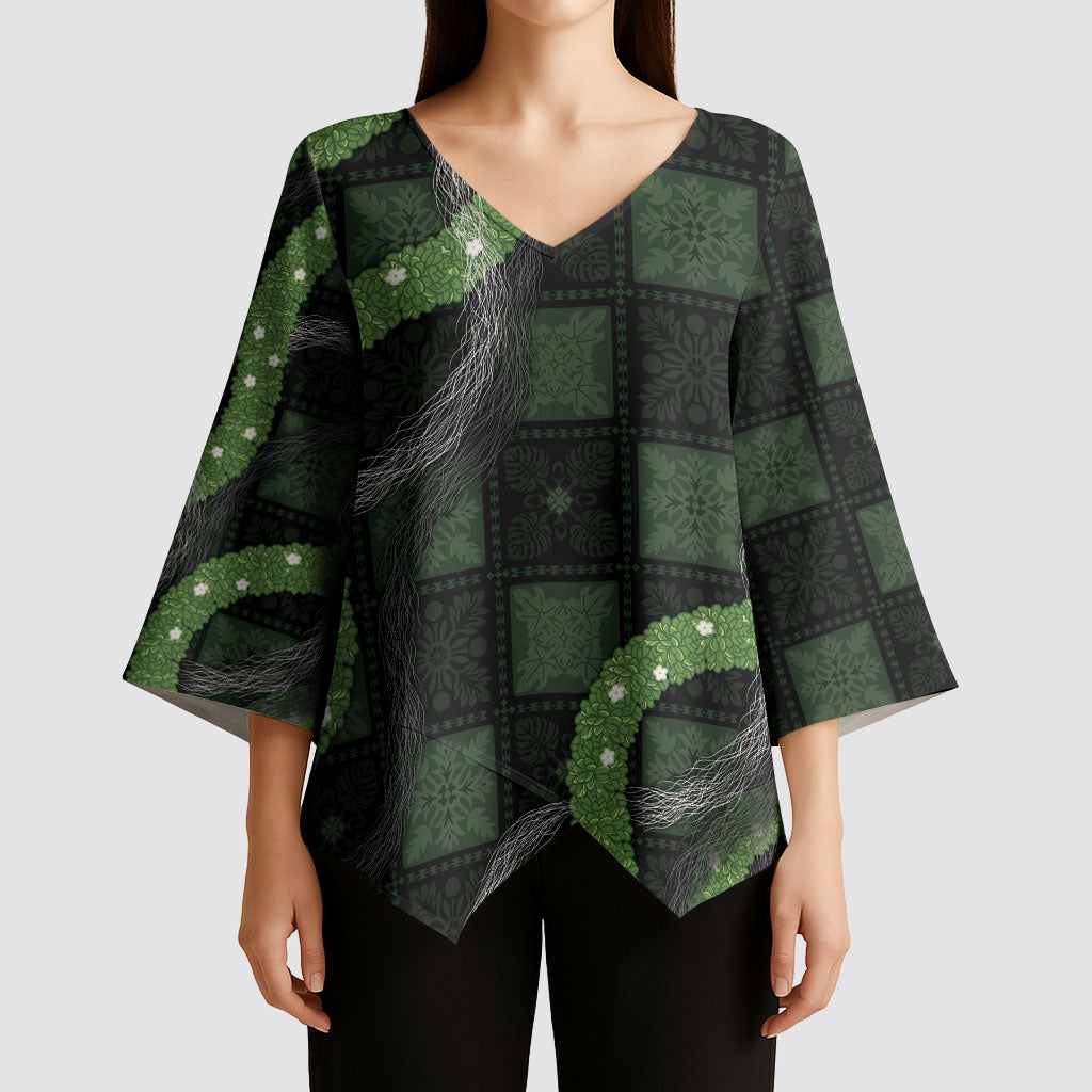 Hawaiian Quilt Kimono Sleeve Blouse Pele Hair Hinahina Lei Black Version