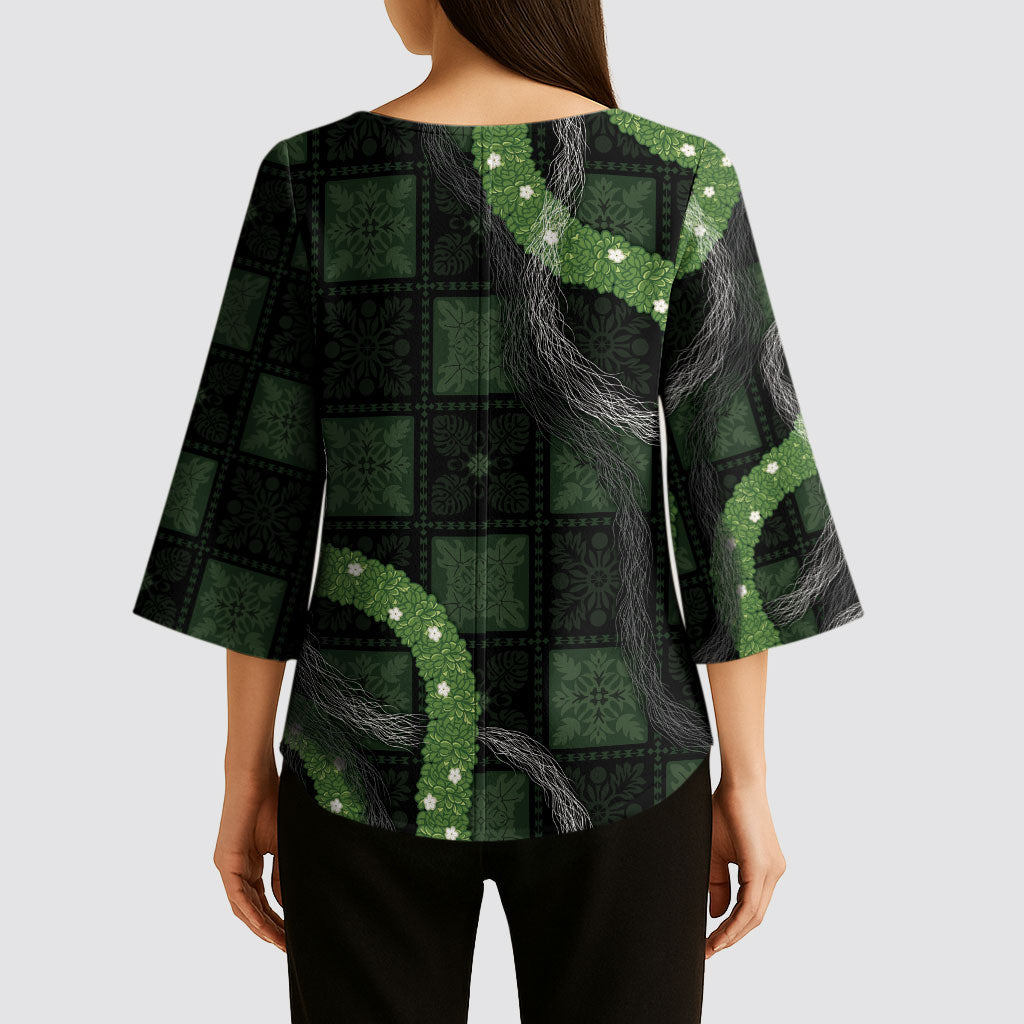 Hawaiian Quilt Kimono Sleeve Blouse Pele Hair Hinahina Lei Black Version