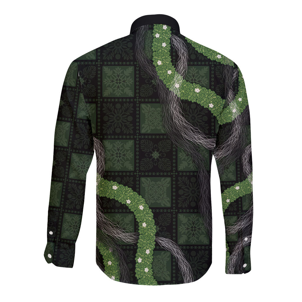 Hawaiian Quilt Long Sleeve Button Shirt Pele Hair Hinahina Lei Black Version