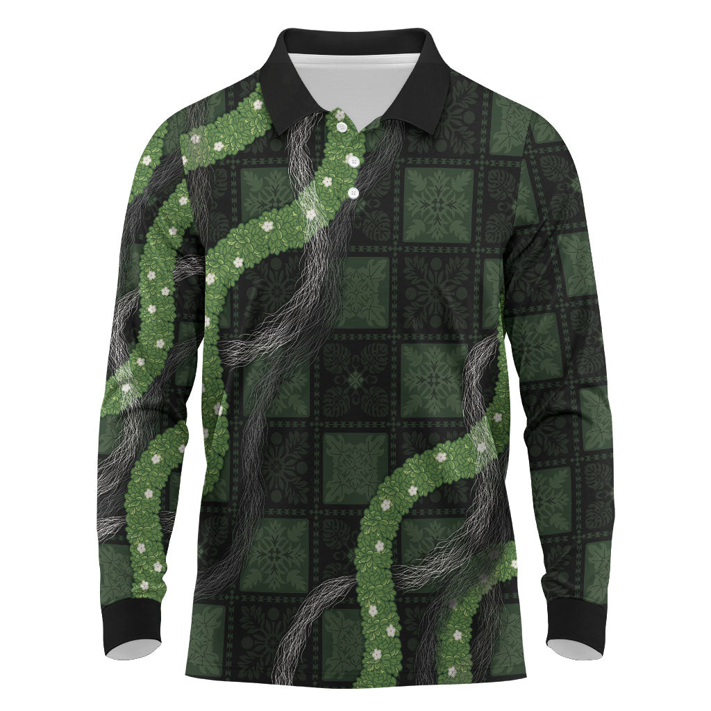 Hawaiian Quilt Long Sleeve Polo Shirt Pele Hair Hinahina Lei Black Version