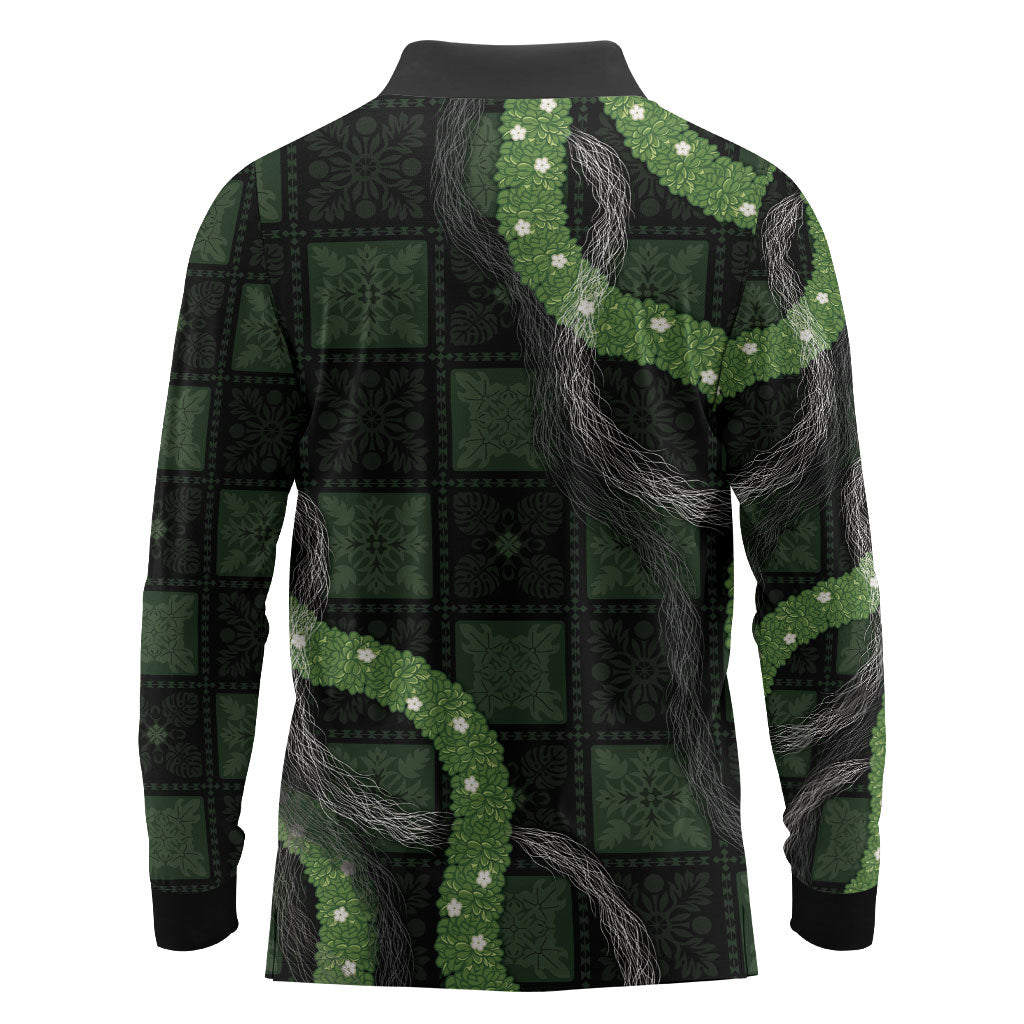 Hawaiian Quilt Long Sleeve Polo Shirt Pele Hair Hinahina Lei Black Version