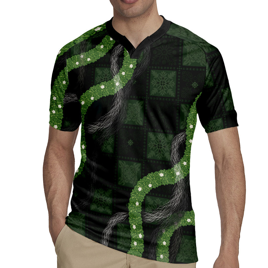 Hawaiian Quilt Rugby Jersey Pele Hair Hinahina Lei Black Version LT05 - Polynesian Pride