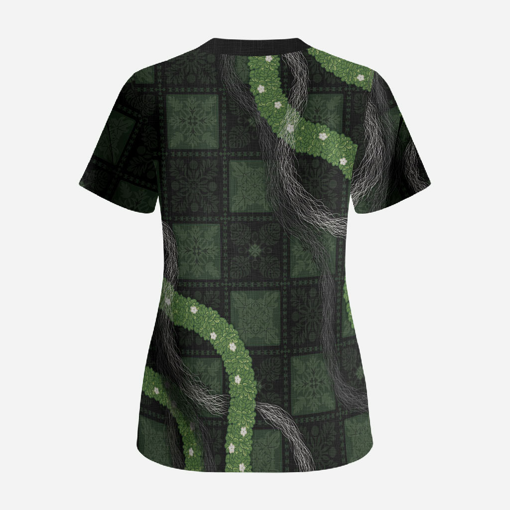 Hawaiian Quilt Scrub Top Pele Hair Hinahina Lei Black Version