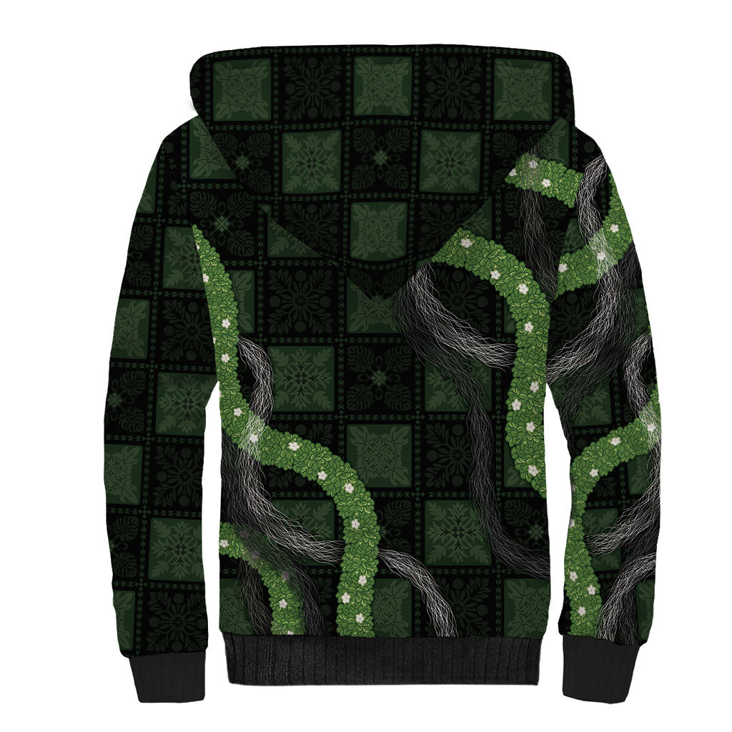 Hawaiian Quilt Sherpa Hoodie Pele Hair Hinahina Lei Black Version