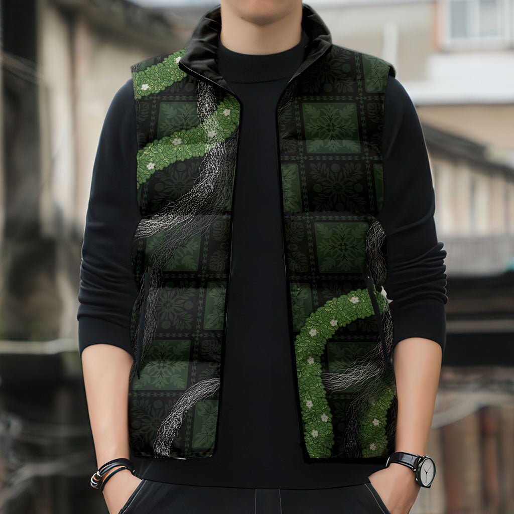 Hawaiian Quilt Sleeveless Puffer Jacket Pele Hair Hinahina Lei Black Version