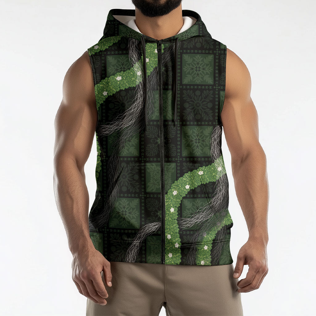 Hawaiian Quilt Sleeveless Zip Hoodie Pele Hair Hinahina Lei Black Version