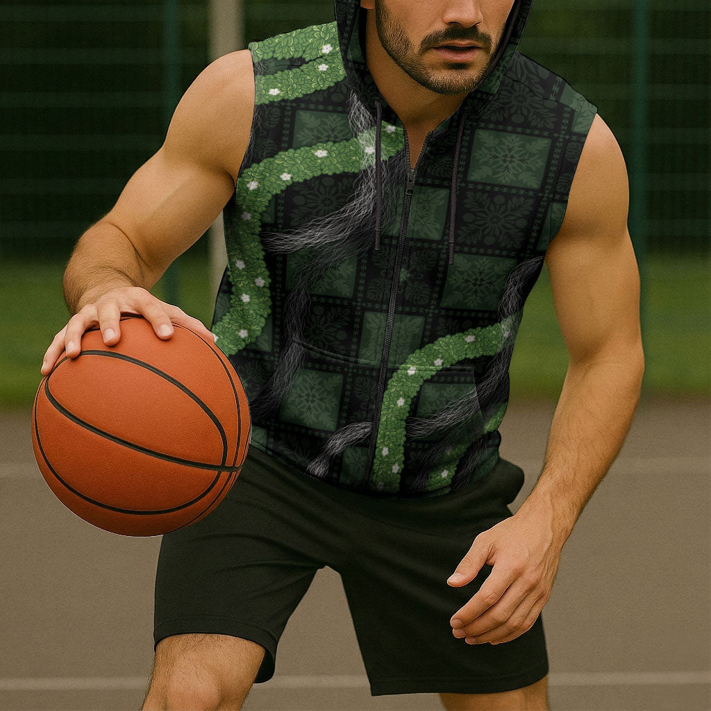 Hawaiian Quilt Sleeveless Zip Hoodie Pele Hair Hinahina Lei Black Version