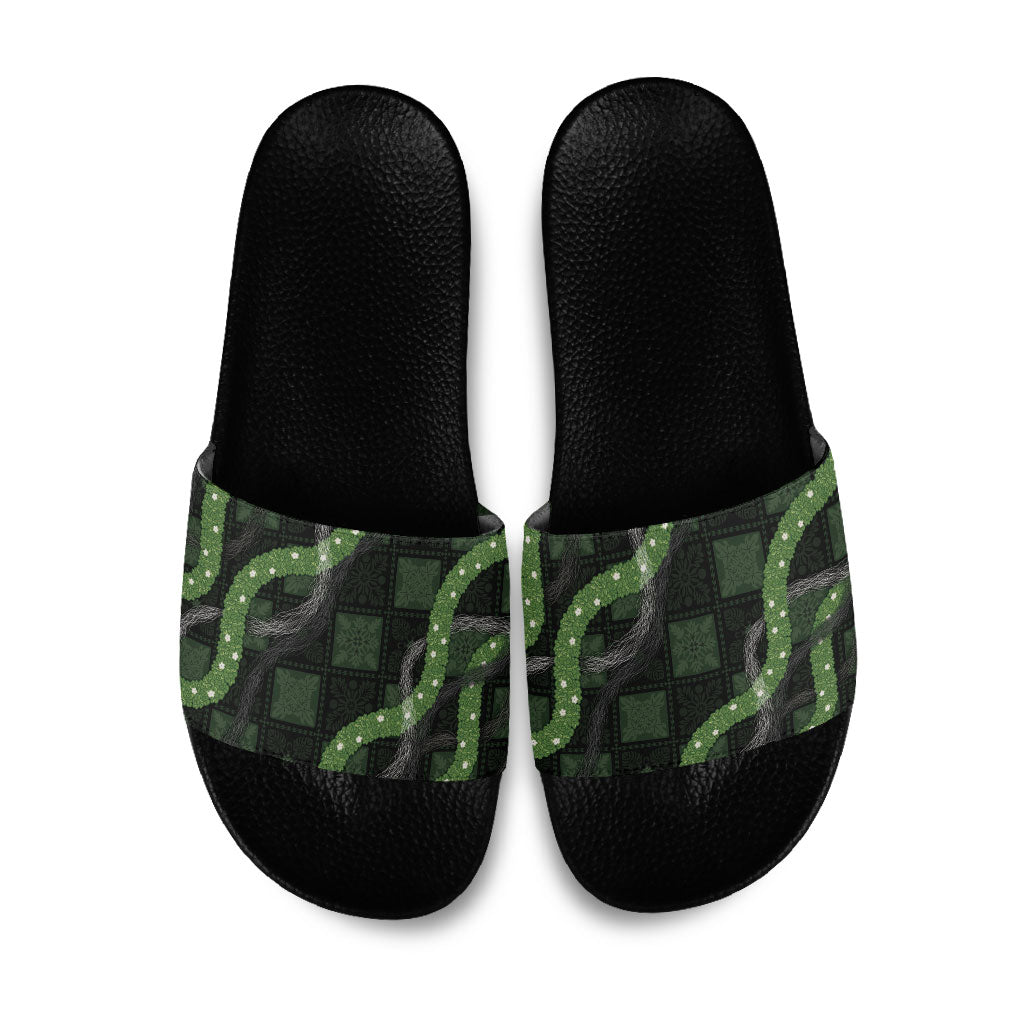 Hawaiian Quilt Slide Sandals Pele Hair Hinahina Lei Black Version