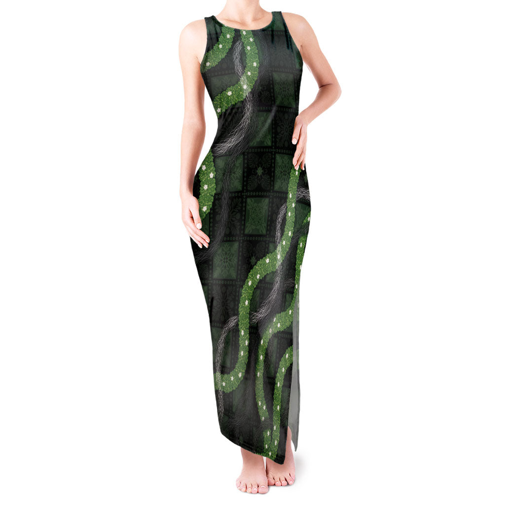 Hawaiian Quilt Tank Maxi Dress Pele Hair Hinahina Lei Black Version