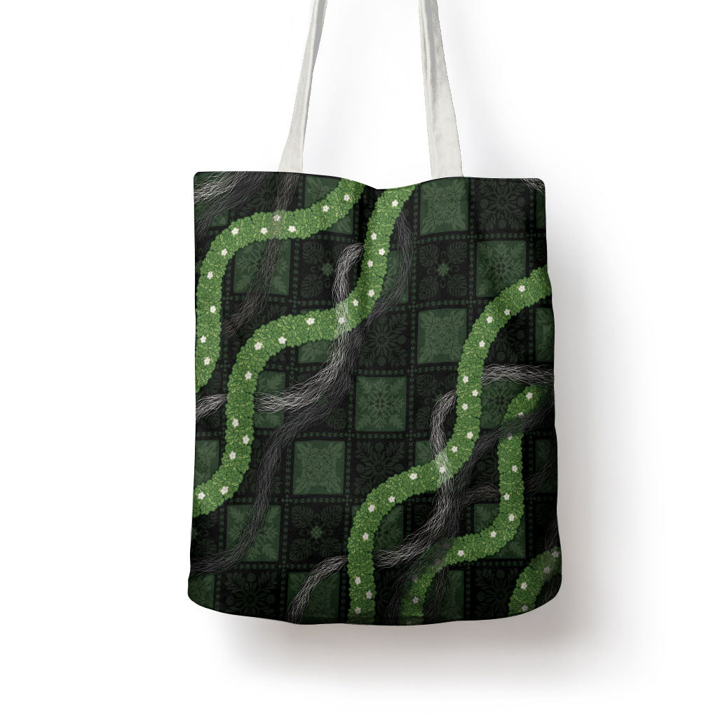 Hawaiian Quilt Tote Bag Pele Hair Hinahina Lei Black Version LT05 - Polynesian Pride