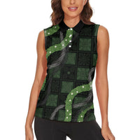 Hawaiian Quilt Women Sleeveless Polo Shirt Pele Hair Hinahina Lei Black Version LT05 - Polynesian Pride