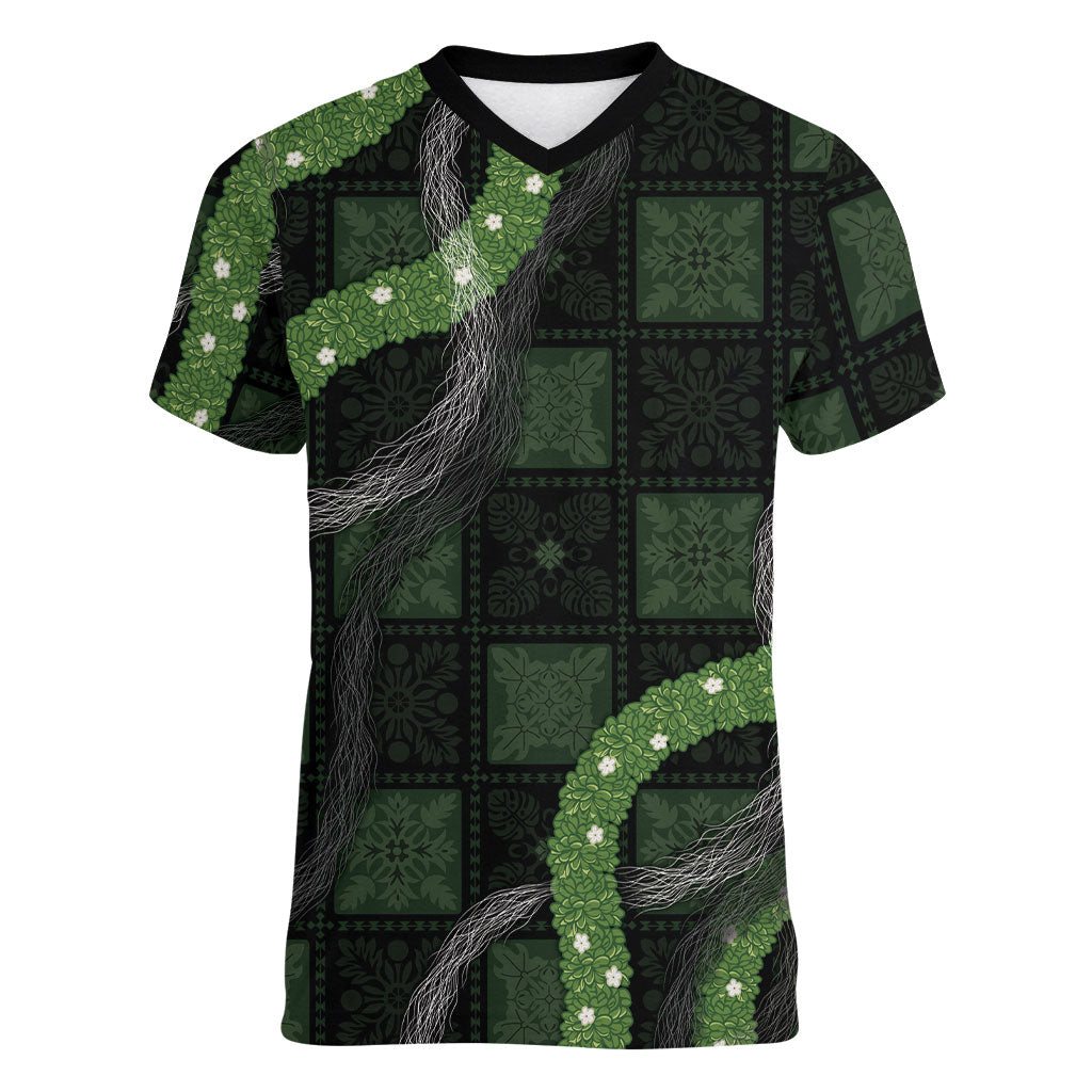 Hawaiian Quilt Women V-Neck T-Shirt Pele Hair Hinahina Lei Black Version LT05 Female Black - Polynesian Pride