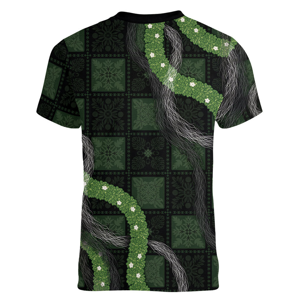 Hawaiian Quilt Women V-Neck T-Shirt Pele Hair Hinahina Lei Black Version LT05 - Polynesian Pride