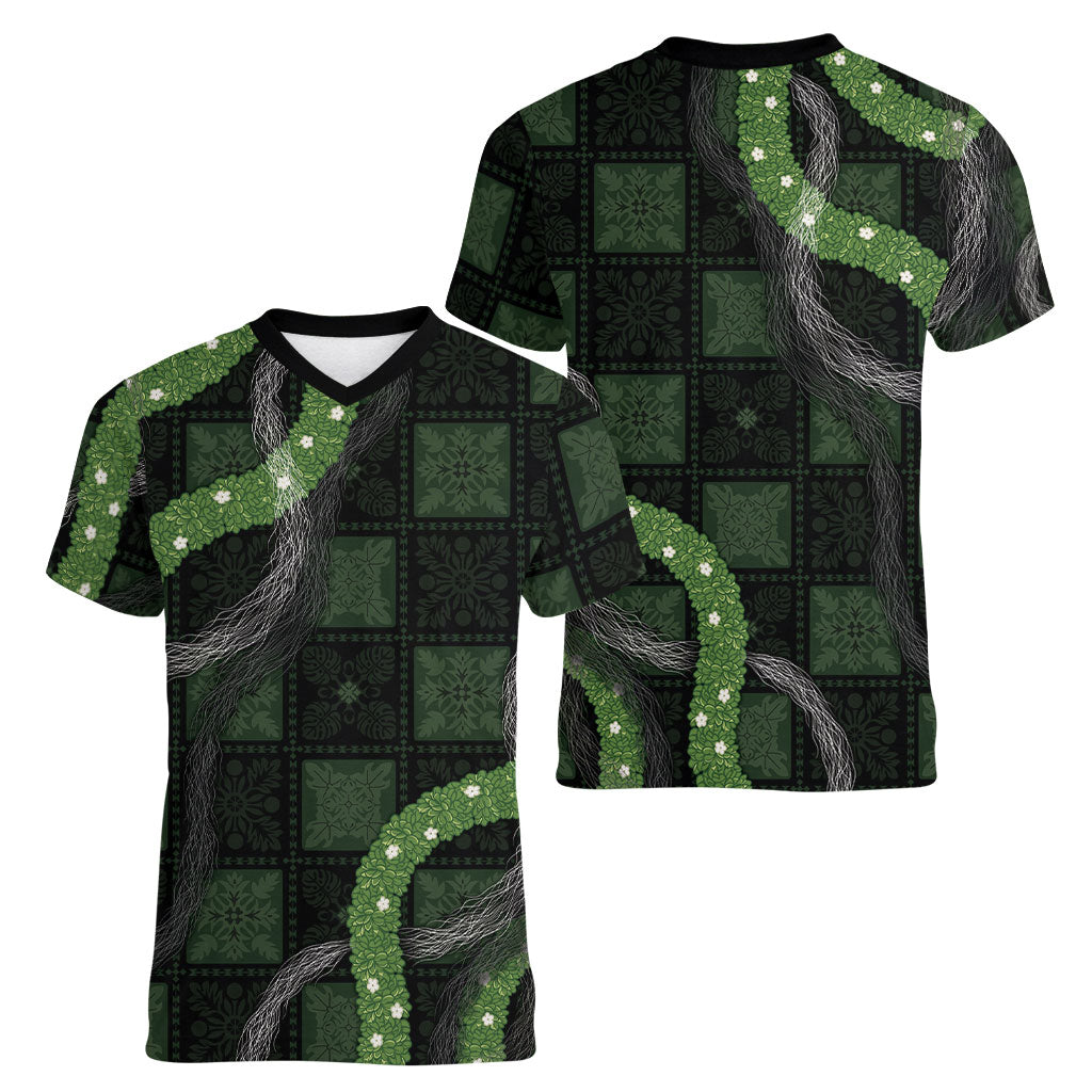 Hawaiian Quilt Women V-Neck T-Shirt Pele Hair Hinahina Lei Black Version LT05 - Polynesian Pride