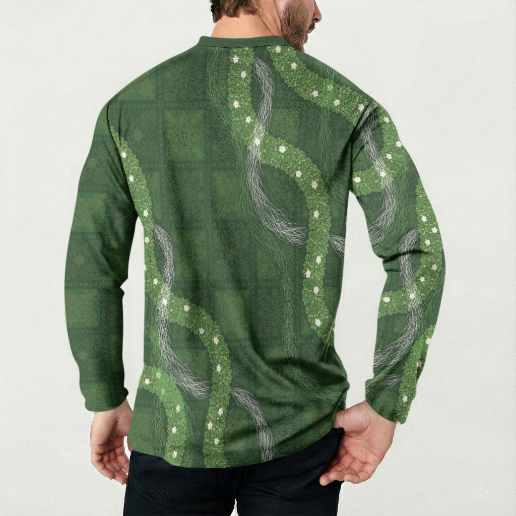 Hawaiian Quilt Button Sweatshirt Pele Hair Hinahina Lei Green Version
