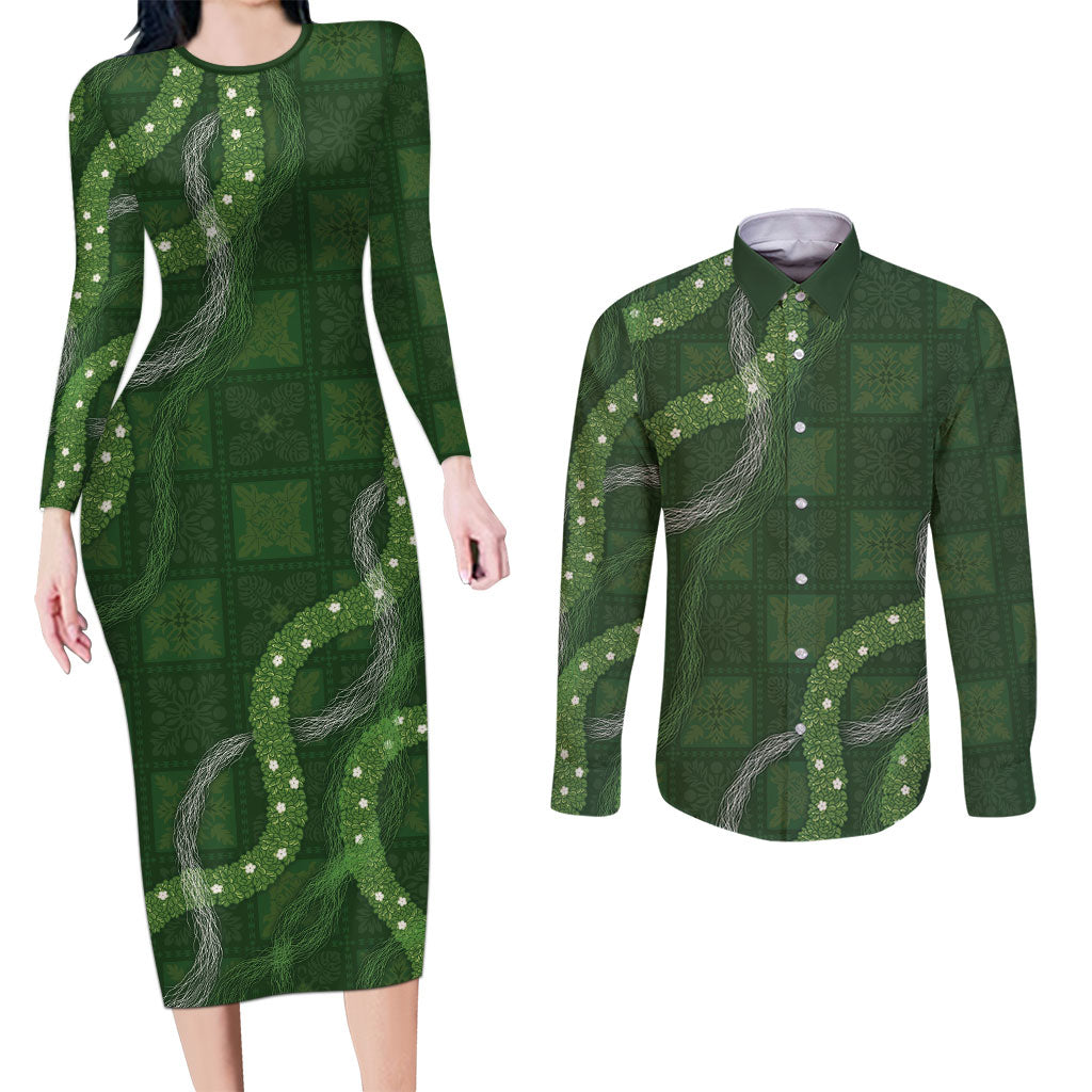 Hawaiian Quilt Couples Matching Long Sleeve Bodycon Dress and Long Sleeve Button Shirt Pele Hair Hinahina Lei Green Version