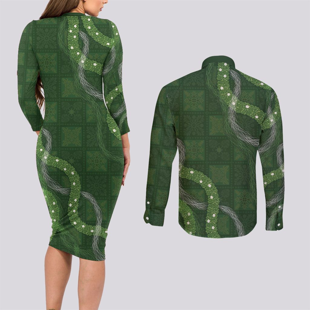 Hawaiian Quilt Couples Matching Long Sleeve Bodycon Dress and Long Sleeve Button Shirt Pele Hair Hinahina Lei Green Version LT05 - Polynesian Pride