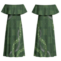 Hawaiian Quilt Couples Matching Off Shoulder Maxi Dress and Long Sleeve Button Shirt Pele Hair Hinahina Lei Green Version LT05 - Polynesian Pride
