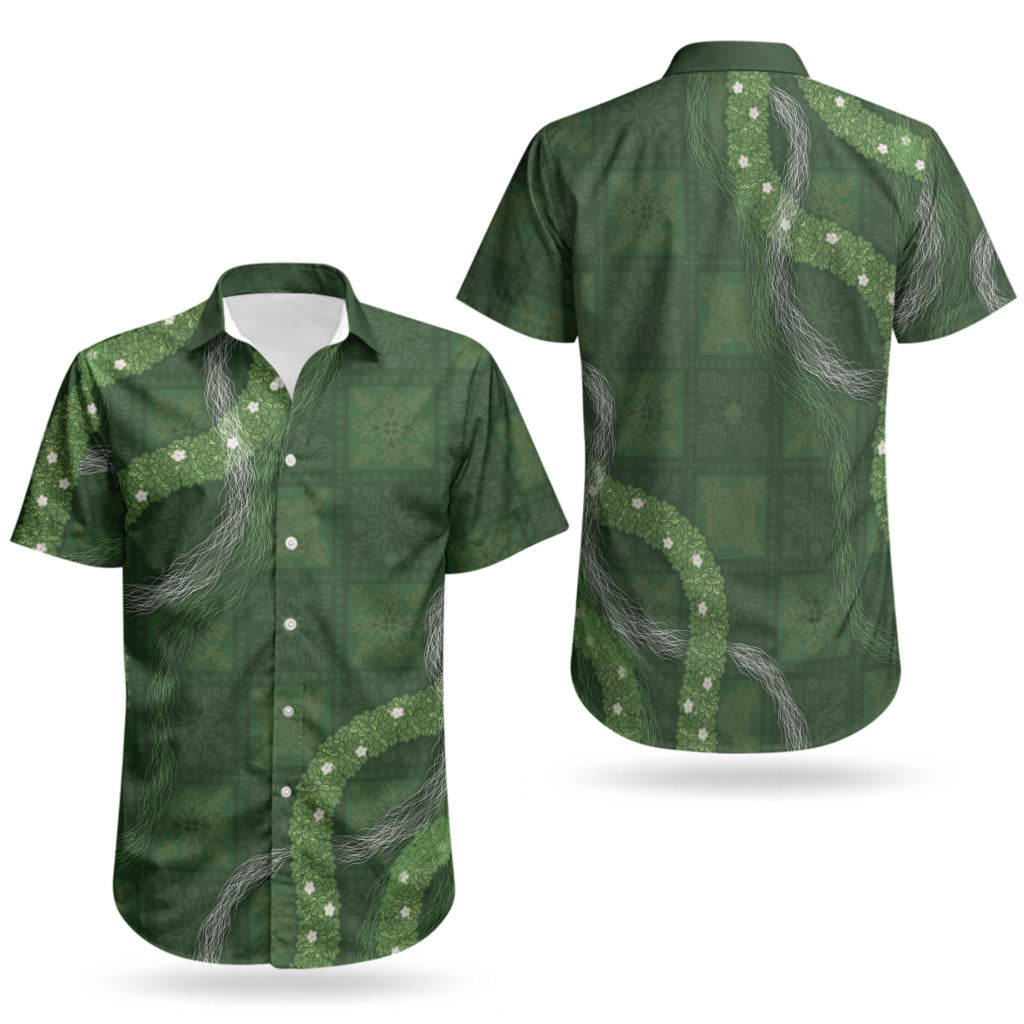 Hawaiian Quilt Couples Matching Off Shoulder Short Dress and Hawaiian Shirt Pele Hair Hinahina Lei Green Version LT05 - Polynesian Pride