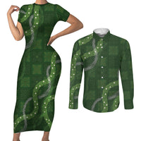Hawaiian Quilt Couples Matching Short Sleeve Bodycon Dress and Long Sleeve Button Shirt Pele Hair Hinahina Lei Green Version LT05 Green - Polynesian Pride