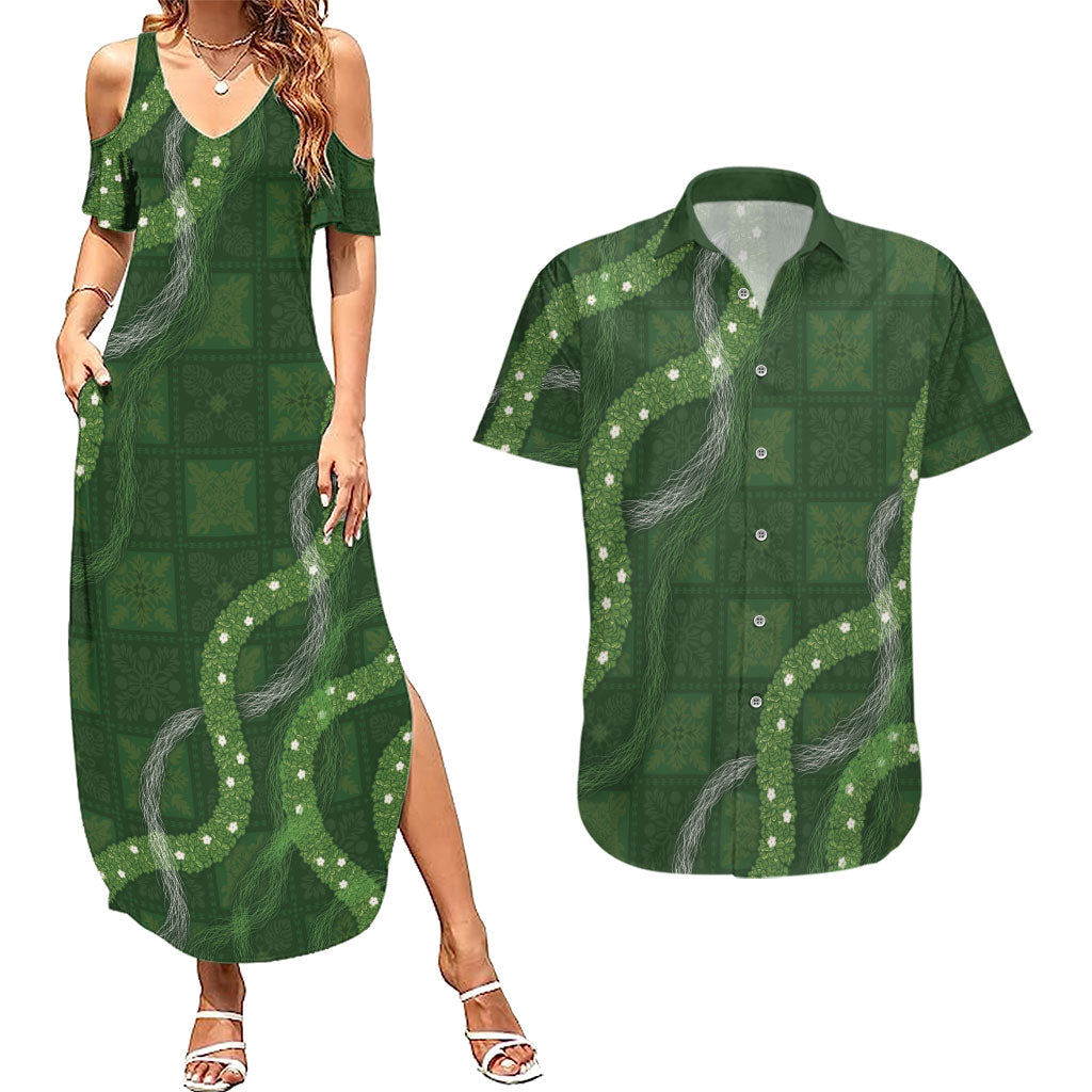 Hawaiian Quilt Couples Matching Summer Maxi Dress and Hawaiian Shirt Pele Hair Hinahina Lei Green Version