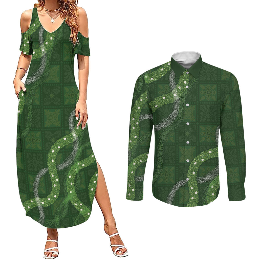 Hawaiian Quilt Couples Matching Summer Maxi Dress and Long Sleeve Button Shirt Pele Hair Hinahina Lei Green Version
