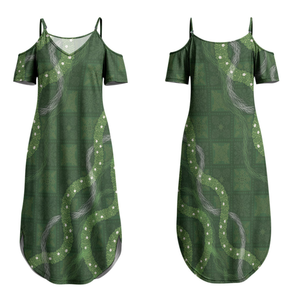Hawaiian Quilt Couples Matching Summer Maxi Dress and Long Sleeve Button Shirt Pele Hair Hinahina Lei Green Version LT05 - Polynesian Pride